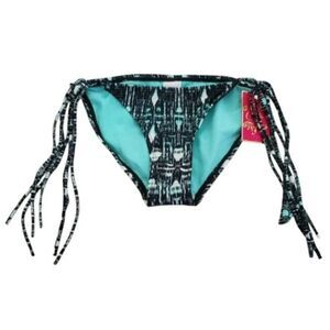 Candies Size XS Aqua Blue Black Ikat Print String Bikini Swimsuit Bottoms NWT